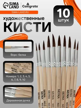 Набор кистей белка, calligrata, круглые, 10 штук (№1,2,3,4,5,6,7,8,9,10) с деревян ручками, в блистере