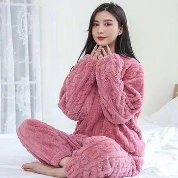 Осенние женские однотонные теплые комплекты из 2 предметов, утепленный бархатный флисовый комплект в рубчик, пуловер и брюки, женские повседневные пижамные комплекты One size фиолетовый