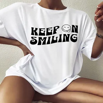 Футболка большого размера Keep On Smiling Keep Smiling Positive, летняя стильная свободная футболка, женская модная повседневная эстетичная футболка из 100% хлопка S бежевый