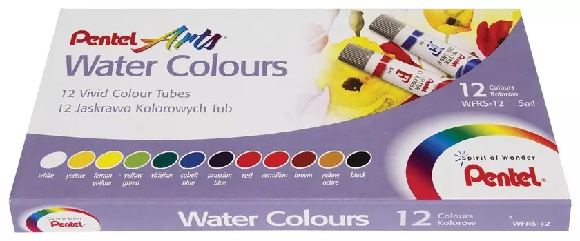 Краски акварельные художественные Pentel "Water Colours", набор 12 цветов, туба 5 мл, картонная упаковка