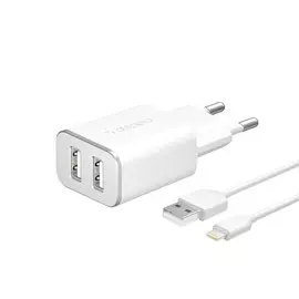 Зарядное устройство сетевое Deppa 2 x USB 2.4А + кабель Lightning, белый