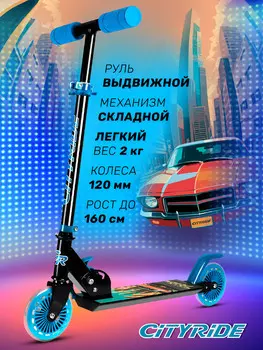 Самокат двухколесный городской CITYRIDE, складной, PVC 120/120, CR-S2-09BL, Черный