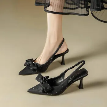 Fashion Heel Shoes Rear Trip Black Pointed Shoes Sandals Women s Summer Thin Heel Adult Ceremony Bow Pumps Women Shoes 35 бежевый