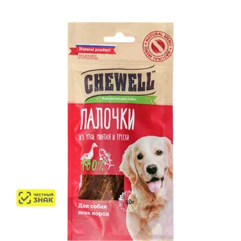 Chewell Лакомство Палочки из утки, минтая и трески для собак всех пород, 40 гр.