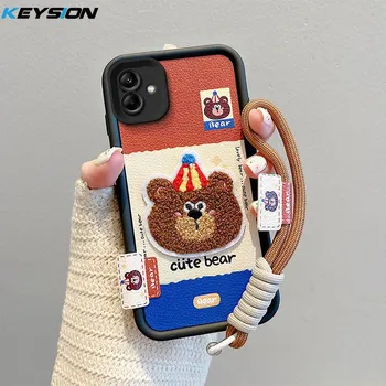 KEYSION Cartoon Cute Plush Embroidery Case for Samsung A07 4G with Lanyard Silicone Shockproof Phone Cover for Galaxy A07 for Samsung A07