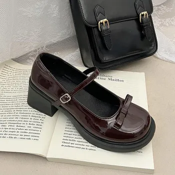 Retro Mary Jane shoes women s spring new bow brown round head versatile small leather shoes 35 чёрный