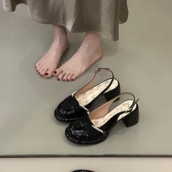 Paired skirt mid-heel Mary Jane shoes women s summer new temperament pearl sweet bag head sandals 35