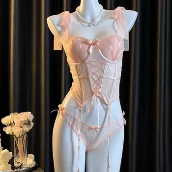 Hollow Mesh Women Lingerie Uniform Passionate Set Bow Lace Corset Couple Gift