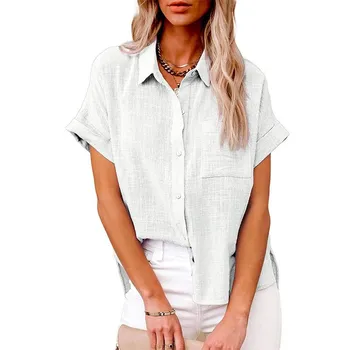 Summer Europe And The United States Women s Solid Color Linen Shirt Short-sleeved Casual Loose Shirt L бежевый