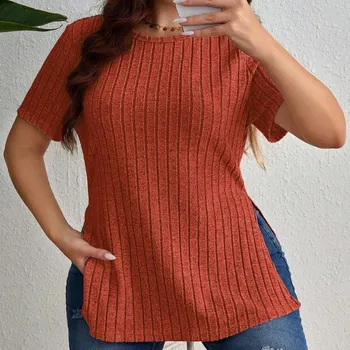 BITCED Spring/Summer Solid Colour Elegant Plus Size Women s Tops Pit Stripe O-Neck Short Sleeve Split Casual T-Shirt XL чёрный