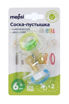 Соска-пустышка Мепси классич/латекс желт/зелен/голуб/бел (с 6 мес), 2 шт