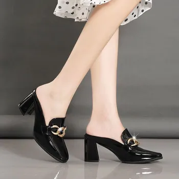 Stylish Pointy Chunky Muller Heels Metal Decoration Women s Shoes Black White High Heel Stylish Patent Leather Heels 36 бежевый