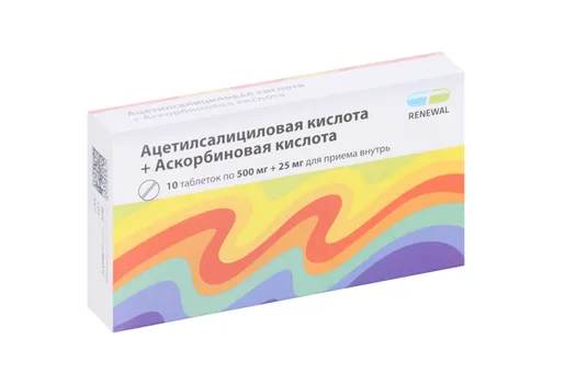 Ацетилсалициловая кислота+Аскорбиновая кислота 500 мг+25 мг, 10 шт, таблетки