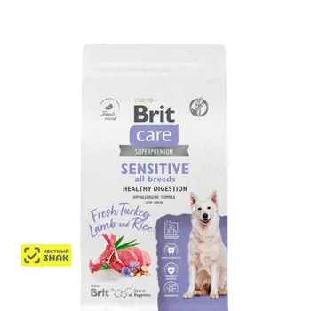 Brit Care Sensitive Сухой корм для собак всех пород с чувствительным пищеварением, с индейкой и ягненком, 1,5 кг