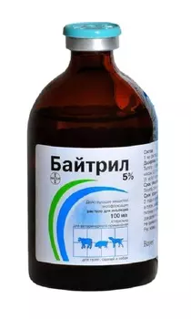 байтрил 5 % антимикробный препарат для лечения инфекционных заболеваний р-р для инъекций (100 мл)