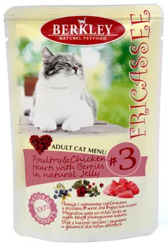 Berkley № 3 Cat Adult Fricassee Poultry &amp; Chicken Hearts With Berries In Natural Jelly для взрослых кошек фрикасе с птицей, куриными сердечками и ягодами в желе (100 гр х 12 шт)