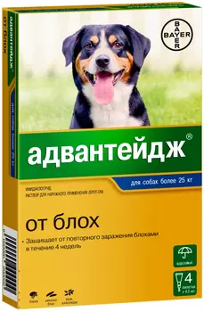 Advantage капли для собак весом более 25 кг против блох, вшей, власоедов 4 пипетки по 4 мл Bayer (1 пипетка)