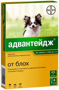 Advantage капли для собак весом до 4 кг против блох, вшей, власоедов 4 пипетки по 0,4 мл Bayer (1 пипетка)