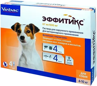 эффитикс капли для собак весом от 4 до 10 кг против блох, клещей, песчаных мух, комаров и москитов 1 пипетка по 1,1 мл (1 уп)