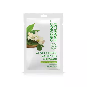 Тканевая матирующая маска от акне Зеленый чай и Моринга (20 г), Acne Control Mattifying Sheet Mask Green Tea & Moringa, произв. Organic Harvest