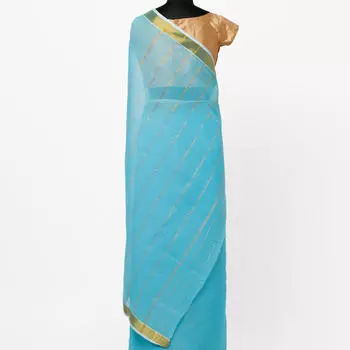 Сари нежно-голубого цвета, Cotton Light Blue Saree with Zari Border, произв. MYINDIA