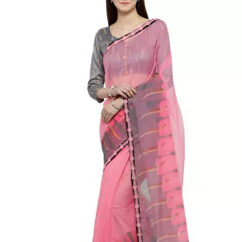Сари розового цвета, Pink Printed Saree with Blouse, произв. MYINDIA