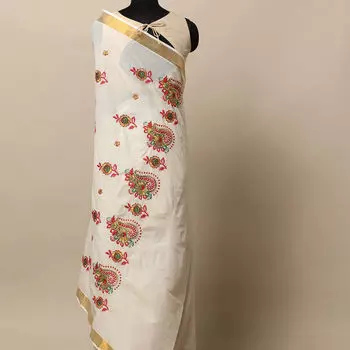 Сари с золотой вышивкой, Gold Kerala Cotton Sari, произв. MYINDIA