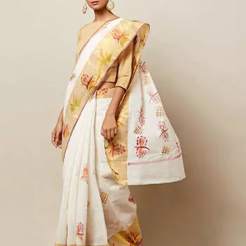 Сари с золотым узором, Anand Handpainted Cotton Kerala Kasavu Cotton Saree, произв. MYINDIA