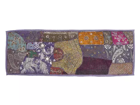 Саше лоскутное на кровать, Cotton Bedrunner Dark Blue Base Patchwork Pattern, Handmade, произв. MYINDIA