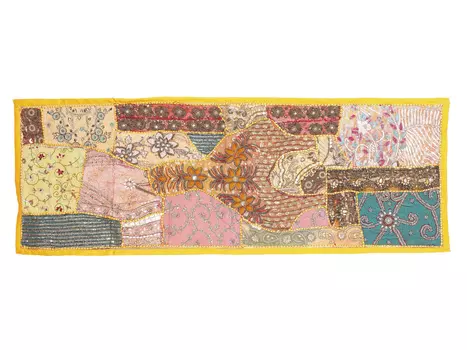 Саше лоскутное на кровать, Cotton Bedrunner Yellow Base Patchwork Pattern, Handmade, произв. MYINDIA