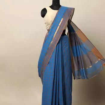 Синее с золотом сари, South Cotton Checked Saree with Zari Border, произв. MYINDIA