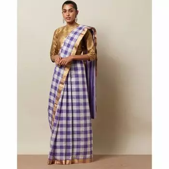 Сиреневое сари в клетку, Fine-Cotton Checked Saree with Zari Border, произв. MYINDIA