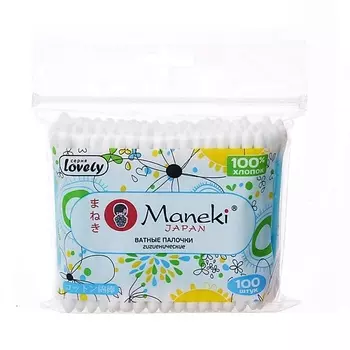 MANEKI Палочки ватные Lovely с голубым пластиковым стиком в zip-пакете 1