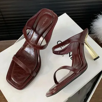 Fashion Fashion Leopard Print Footwear Metal Heels Women Pumps Slides Shoes New In 2024 Female Shallow Ladies High Heels Slippers Shoes 35 бежевый