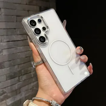 Металлическая рамка объектива прозрачный чехол для телефона Samsung S25 Plus S24 FE S23 Ultra A16 A56 A36 A55 A15 мягкий край ударопрочный беспроводной зарядки магнитная задняя крышка Samsung S25 чёрный