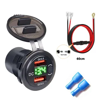 QC3.0 Dual USB 12V 24V 3.1A Адаптер автомобильного зарядного устройства с вольтметром Розетка для быстрого зарядного устройства Светодиодный цифровой дисплей для автомобиля Лодка Морской мотоцикл NO 60CM Cable