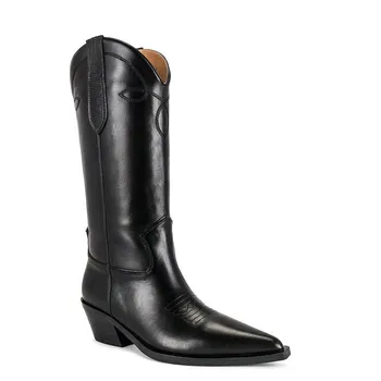 Krazing Pot Cow Leather Autumn Winter Shoes Thick High Heels Big Size 34-size 46 Western Boots Women Keep Warm Mid-calf Boots 34 чёрный