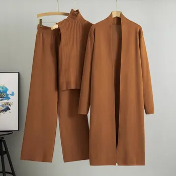 IHUASU Spring and Autumn Laid-back Style Knitted Set, Sleeveless Vest, Sweater, Cardigan and Trousers, Three-piece Set One size верблюд