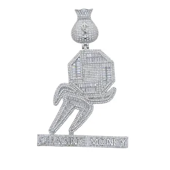 Iced Out Bling Cz Letter Chasing Money Подвеска Ожерелье Кубический цирконий Доллар Символ Сумка для денег Мужская мода Хип-хоп Ювелирные изделия Only Charm No Chain