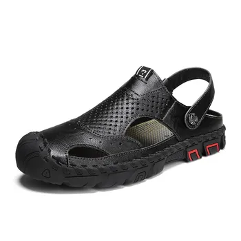 Fashion Summer New Leather Beach Shoes Comfy Toe Wrap Sandals Men Outdoor Lightweight Casual Shoes Breathable Soft Flats Male Slippers 38 коричневый
