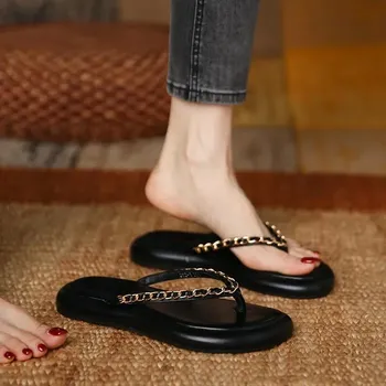 Woman Trend Newest Summer Gold Gold Buckle Women Slipper Fashion Slip on Ladies Flip Flops Flat Heel Outdoor Casual Sandals 35 бежевый