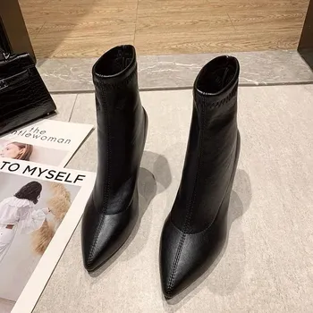 Модные женские сапоги, осенние новые корейские модные короткие сапоги на тонком каблуке с острым носком, высокие каблуки, однотонные кожаные модные сапоги с рукавами 35 белый