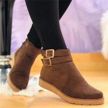 Осень/Зима Новый стиль однотонные женские сапоги с пряжкой короткие с круглым носком и плоским дном модель модные женские сапоги 36