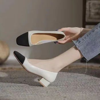 Color matching thick heel single shoes women s autumn new versatile medium heel light mouth scoop high heels 35 абрикосовый
