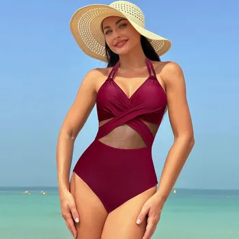 Цельный купальный костюм женский однотонный сетчатый купальник бикини XXL чёрный