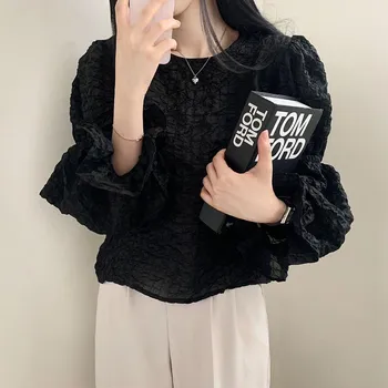 Южная Корея шикарная весенняя французская темпераментная круглая горловина с оборками-пузырьками свободная повседневная универсальная рубашка с рукавами-фонариками женская One size
