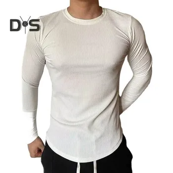 Мужской спортивный топ Slim Fit Высокая эластичность Полосатая текстура Круглый вырез Быстросохнущий Длинные рукава Slim Fit Компрессионный Коррекция фигуры Тренажерный зал Бег 2XL чёрный