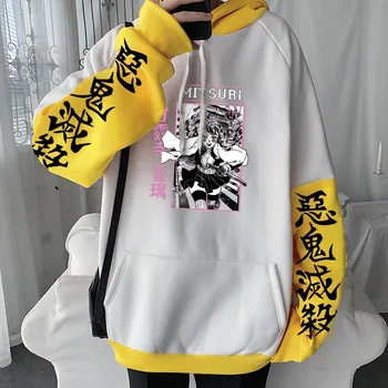 Demon Slayer Аниме Kawaii Розовые толстовки Свободная повседневная уличная одежда Harajuku Эстетическая Kanroji Mitsuri Графика Лоскутные толстовки S чёрный