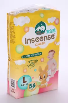 Подгузники Inseense Classic L (9-14кг), 56 шт, желт