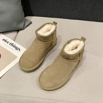 Зимние меховые низкие зимние сапоги на низком каблуке. Женские короткие сапоги. Теплые кожаные зимние ботинки из толстой шерсти. Хлопковая обувь. 35 чёрный